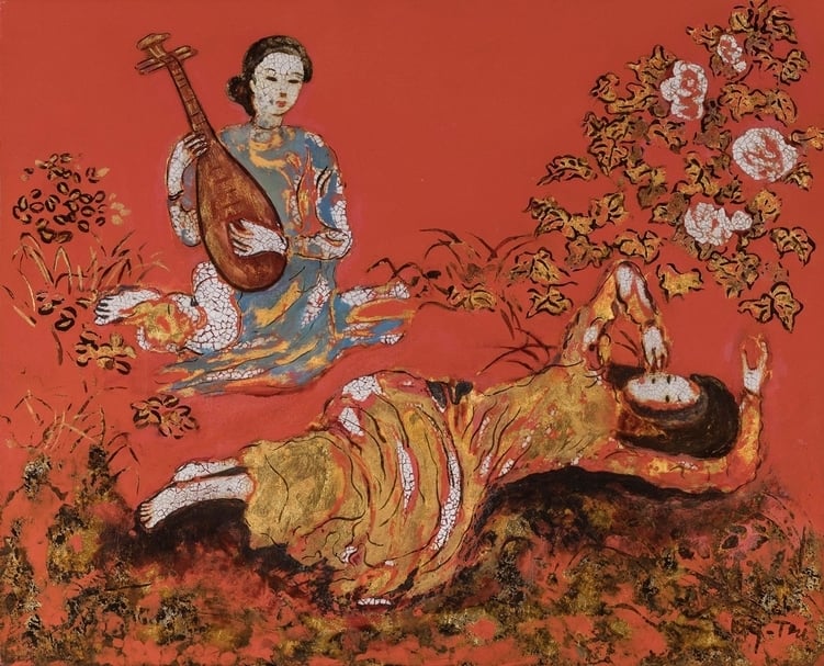 越南現代藝術家阮嘉治（Nguyen Gia Tri），善以磨漆畫為媒材，圖片為《兩個女士》。（本刊資料室）