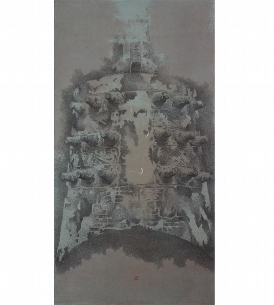 劉金桔《來自遠古的聲音 錚音》,壓克力顏料 、色粉、墨、宣紙,97x182cm,2018。(大象藝術空間館提供)