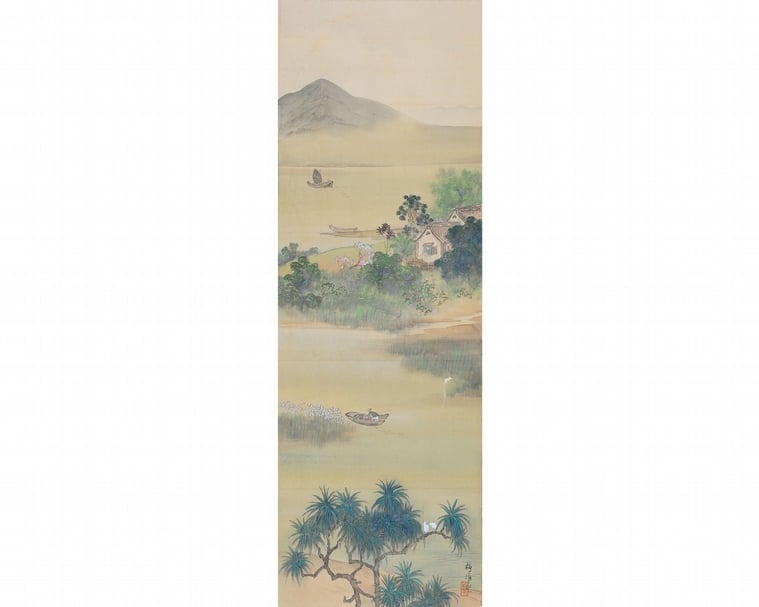 木下靜涯 ,《淡水觀音山》,113.3 x 36.2 cm,彩墨,1930s,紙秋惠文庫收藏。(北師美術館提供)