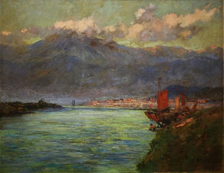 石川欽一郎,《 河畔》,116.5 x 91.0 cm,油彩、畫布,1927,阿波羅畫廊收藏。(北師美術館提供)