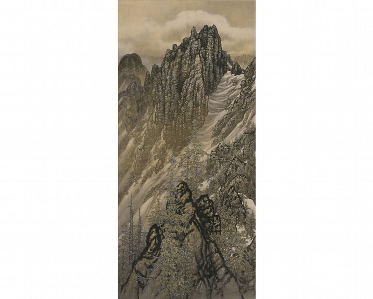 那須雅城,《新高山之圖》(原題名:《那須雅城繪彩色山水圖》),183.5 x 84.0 cm,水墨,國立臺灣博物館典藏。(北師美術館提供)