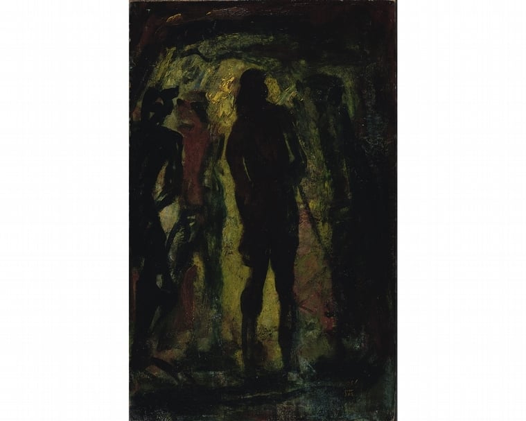 洪瑞麟,《礦工》,53.0 x 33.0 cm,油彩、木板,1956,私人收藏。(北師美術館提供)