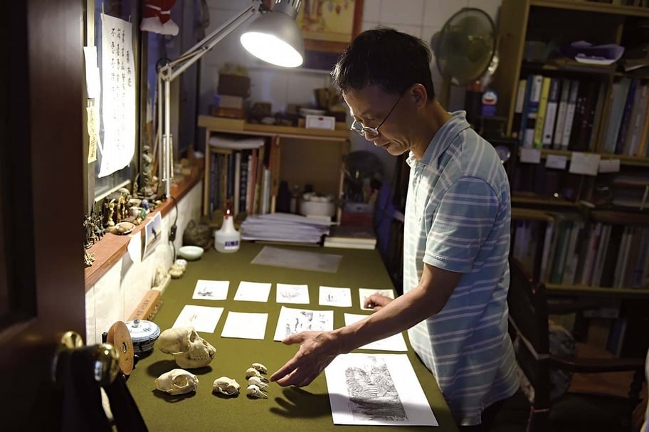 連建興在工作室一角，展示一系列作品草圖及其蒐集、製作的動物頭骨標本。（攝影／黃雙安）