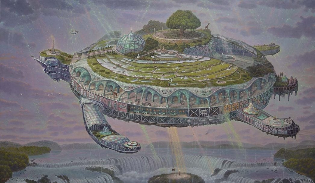 連建興《烏龜島幸福方舟》，油彩、畫布，194×112cm，2020。（宛儒畫廊提供）