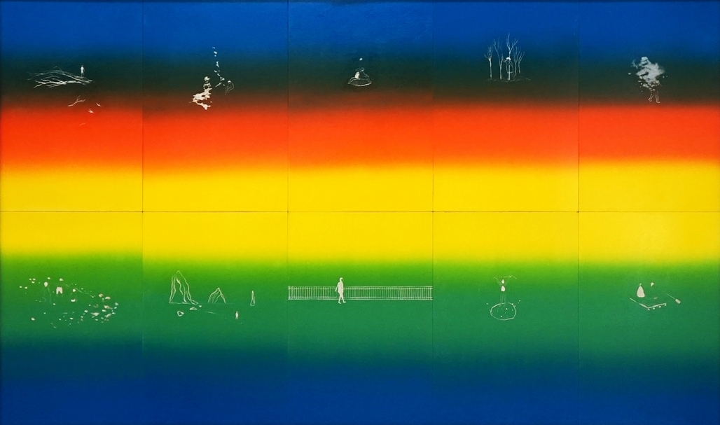 游雅蘭《色彩計畫》，油墨、色粉、椴木合板，90×150cm，2019。（尊彩藝術中心提供）