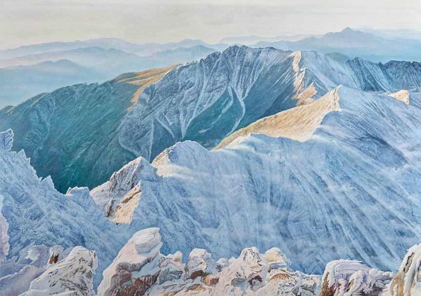 劉得浪《冬眺玉山南峰雪景》，油彩畫布，182×259cm，2019。（尊彩藝術中心提供）
