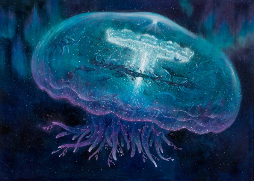 嚴靖傑《漂流系列：生命太空站-生命儲存器》，油彩、畫布，120×167cm，2018。（尊彩藝術中心提供）