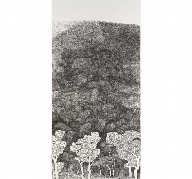 李茂成《觸/2018011007》，水墨紙本，124x247 cm，2018。（赤粒藝術提供）