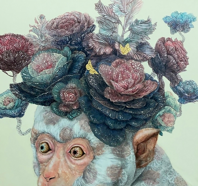 白田誉主也《迎喜圖》，麻紙、岩繪料、水乾繪料、金箔、落水紙 ，59.5×65㎝，2020。（大雋藝術提供）