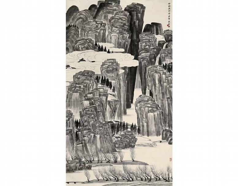 齊白石〈雲山深澗〉，162×92公分，估價待詢，成交價人民幣3852萬5000元。（北京保利提供）