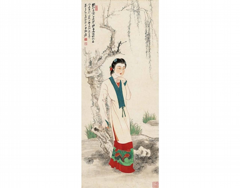 張大千1944年作〈倚柳春憶〉，81.5×33.5公分，估價人民幣1300萬至1600萬元，成交價人民幣2300萬元。（北京保利提供）