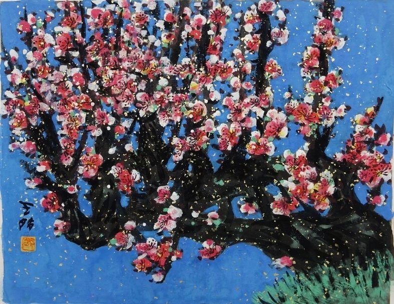 王昭，梅花，41x31.8cm，6號 岩彩、水墨•紙本，2012。