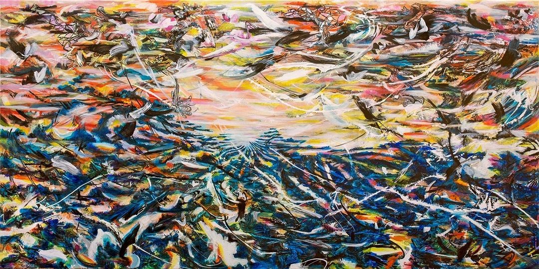 01 王淑鈴《吟唱的河流3》，壓克力顏料、油彩、畫布，193x390cm，2017-18。（采泥藝術提供）