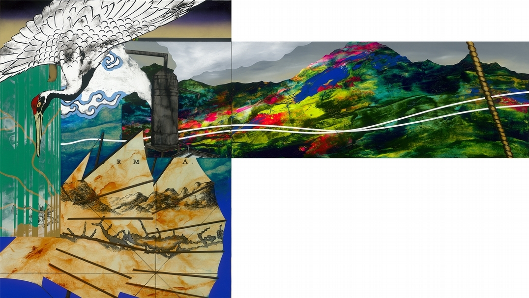 周代焌《補子中的風景》，壓克力、畫布，116.5×90.5(左) 45×116cm(右)，2019。（尊彩藝術中心提供）
