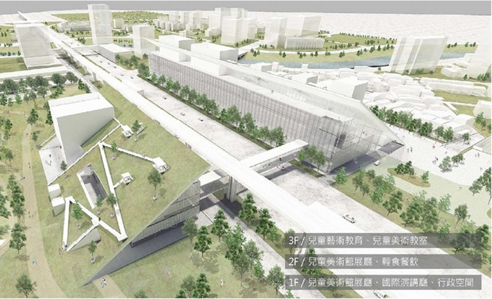 毗鄰美術館於公十二用地之「兒童美術館」，為地下一層及地上三層的館舍，透過多元方式學習，讓小朋友有個快樂的學習空間，預計於2023年完工。（桃園市工務局提供）