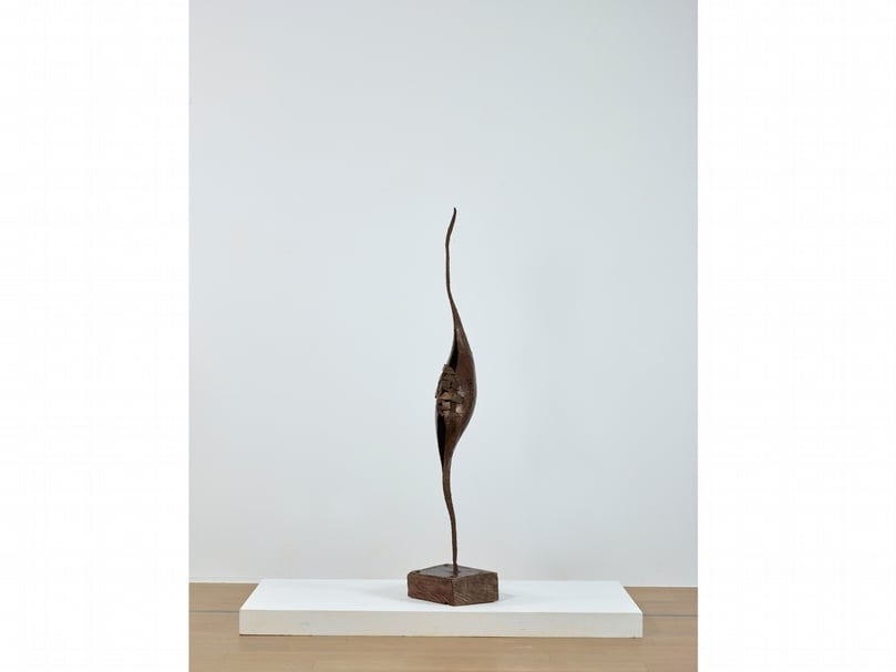 達比烏蘭．古勒勒（Tapiwulan Kulele）《臍帶系列-娩後》，鐵、鐵木，163×28×38cm，2010。（尊彩藝術中心提供）