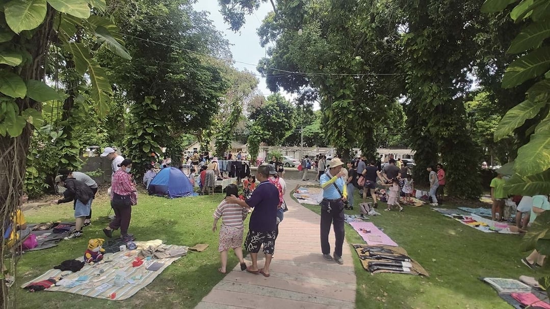 在建國眷村所舉辦的市集活動，可見到經整理過後留下來的樹木。（劉志謙提供）