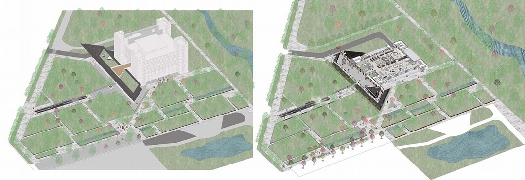 位於千禧公園內的屏東縣立圖書館外觀等角透視和圖書館一樓等角透視圖。（MAYU architects+ 張瑪龍+陳玉霖建築師事務所提供）