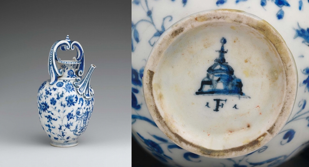 圖11 義大利佛羅倫斯約1575-1587年作〈「梅迪奇青花」執壺〉和底款,美國紐約大都會藝術博物館藏。