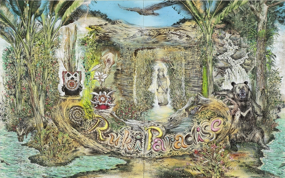 李俊賢，《魯凱天堂》，壓克力彩、畫布，227.5 × 181.5 cm × 2，高雄市立美術館典藏，2016。（台灣當代藝術資料庫提供，©李俊賢）