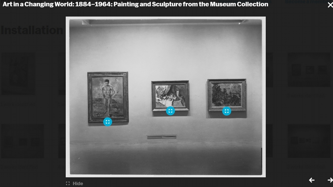 「MoMA & Machine Learning」辨識1964年舉行的展覽中的三件塞尚（Paul Cézanne）作品。過去的「展覽空間」可以是個鏈結「數位典藏資料庫」或其他「展間」的「介面」，讓觀眾在其中「移動串連」。（擷取自MoMA官網）