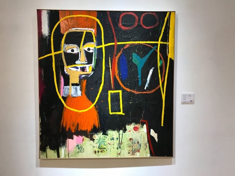 尚・米榭・巴斯奇亞 《古代科學家》，壓克力、 油畫、拼貼畫布，168 x 153.7 cm，，1984年作 ，估價：50,000,000 – 70,000,000港元。（攝影／許雲喬）