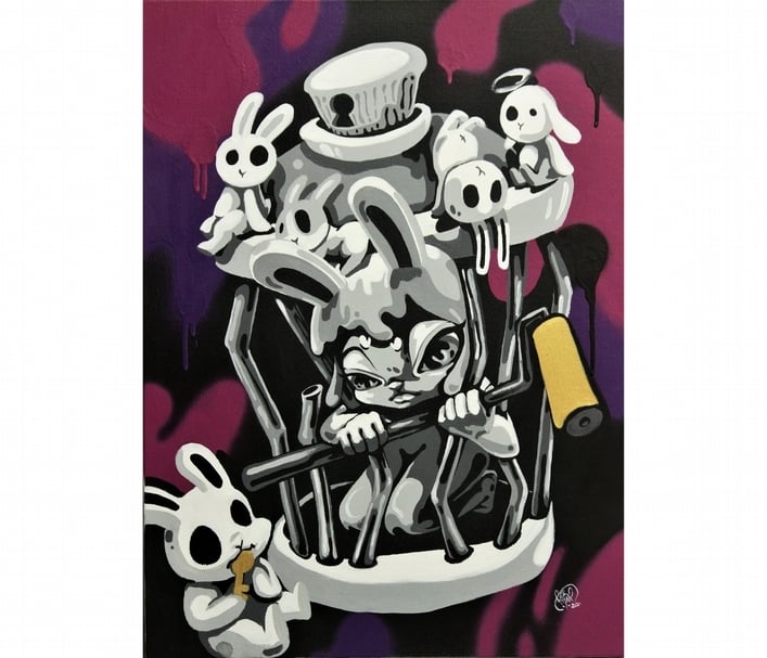 夢裡那兔《鎖匠》，複合媒材於畫布(壓克力、噴漆)， 72.5 x 53 cm，2020。（ONE ART Taipei 提供）