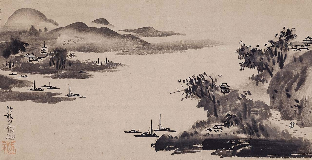 尾形光琳《山水圖》，紙本墨畫，29.7×57.7公分。（MIHO MUSEUM提供）