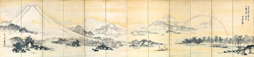 曾我蕭白《富士三保圖屏風》，六曲一雙，紙本墨畫淡彩，各159.4×354公分。（MIHO MUSEUM提供）