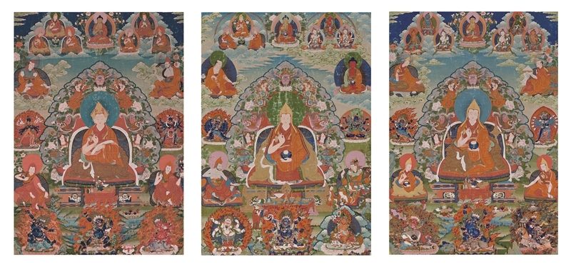 邦瀚斯編號26約1835年西藏〈札什倫布寺班禪喇嘛像(一組三幅)〉,成交價55萬1000英鎊。圖︱邦瀚斯