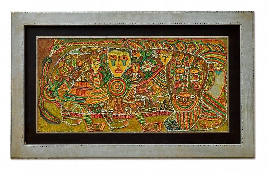 洪通《鳳與獅子》綜合媒材木板，61.7x122cm，1972-1976。（香港蘇富比提供）