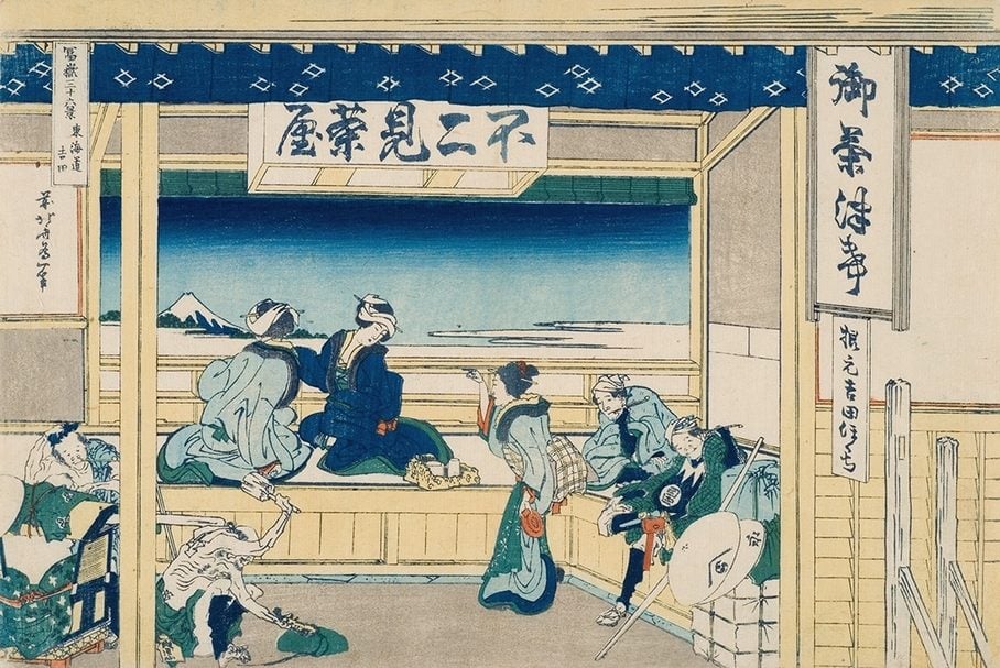 葛飾北齋（Katsushika Hokusai），〈富嶽三十六景 東海道吉田〉。天保1年- 3年左右（1830-32），木版多色刷，橫大判錦繪。25.5× 38.0cm。東京富士美術館館藏。