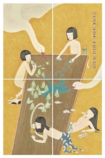梁嘉賢《時間的碎片》．水粉、中國顏料、水墨、塑膠彩、原子筆、木顏色紙本．一組4件．各59×38.5 cm．2017。圖｜大觀藝術空間