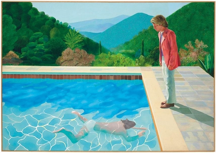 大衛.霍克尼(David Hockney)《藝術家肖像(泳池與兩個人像)》( Portrait of an Artist (Pool with Two Figures)),84x120in.(213.5 x305cm),1972,拍前估價:無公開估價,今晚成交額:9千31萬美元。(佳士得提供)