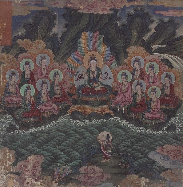 明代萬曆年間〈善財童子五十三參名冊頁：第二十八至補怛洛迦山參觀自在菩薩得大悲行解脫門之處〉，45×45公分。圖︱應真藏