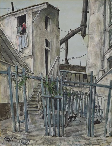拍品編號100 Léonard Foujita（藤田嗣治）（1886-1968），la Cour，35.0×27.0cm（5F），油彩・畫布・鏡框，左下方簽名，背面署名、畫題、製作年，估價：25,000,000–35,000,000日元。圖片提供：日本東京iART拍賣