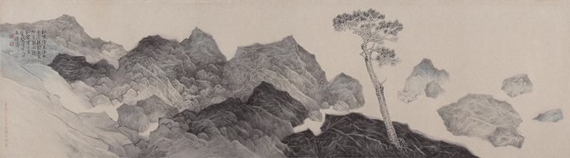 吳繼濤《亂巖孤松》．水墨設色、埔里廣興紙寮no.0124．39×141 cm．2017。圖｜大觀藝術空間