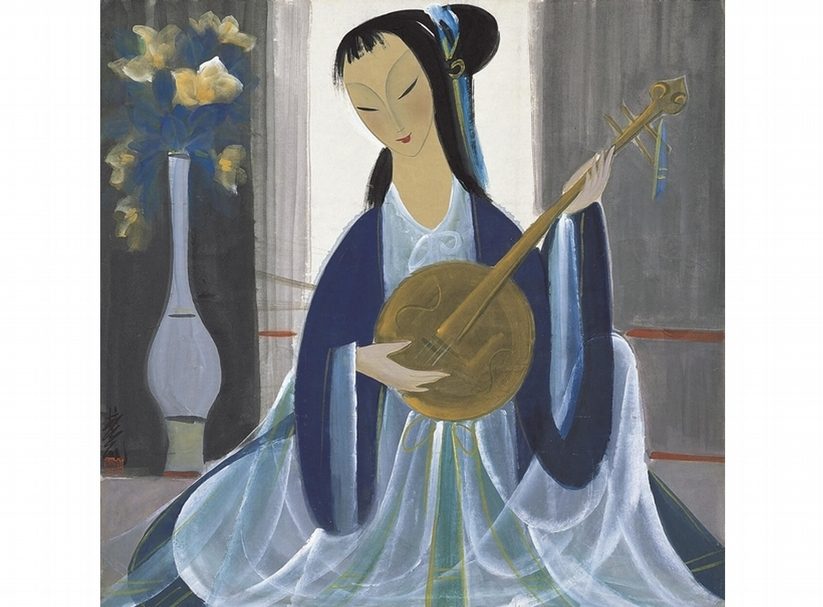 林風眠《仕女彈阮圖》．彩墨、紙本．68×68 cm．1950。