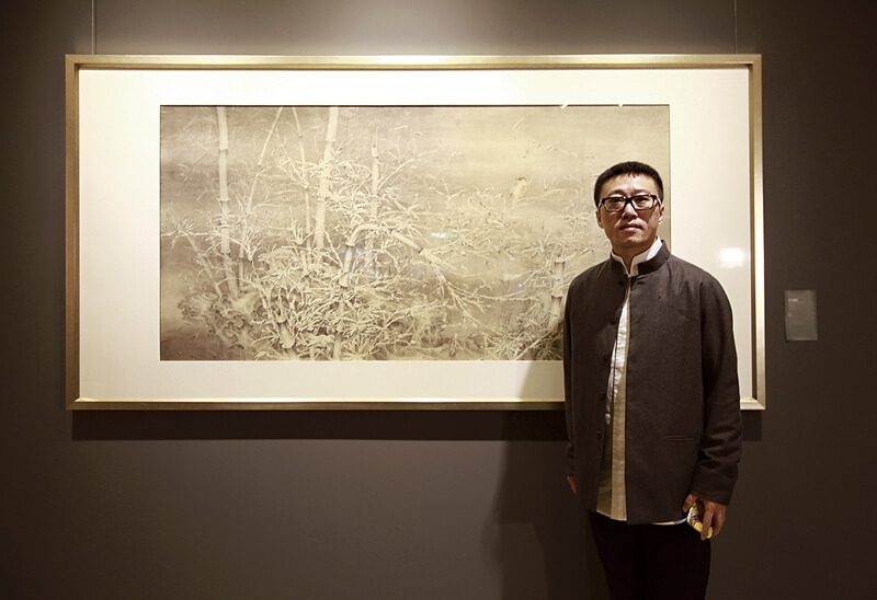 任重與其2015年代表新作〈雪竹獨棲〉,水墨設色絹本,83×164公分。