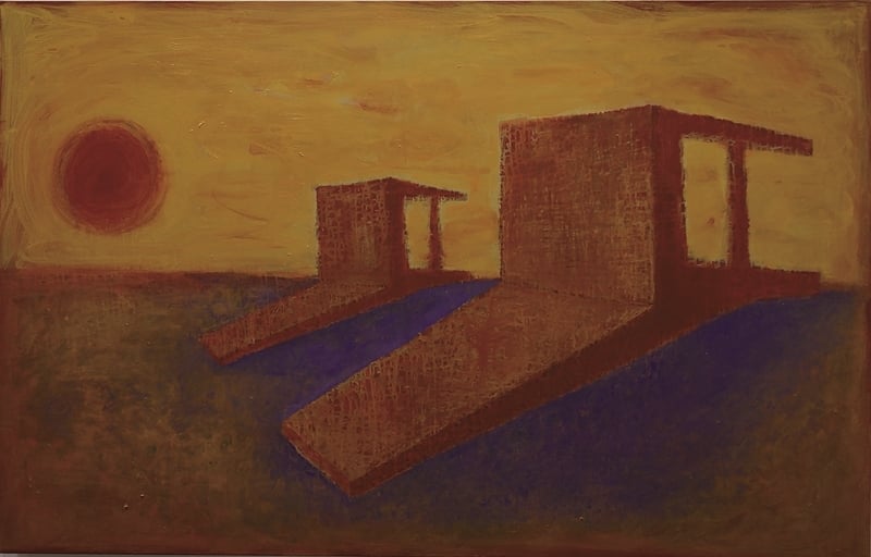 毛旭輝《新生．倒下的靠背椅》．壓克力畫布．139.5×220 cm．2015。（攝影／陳芳玲）