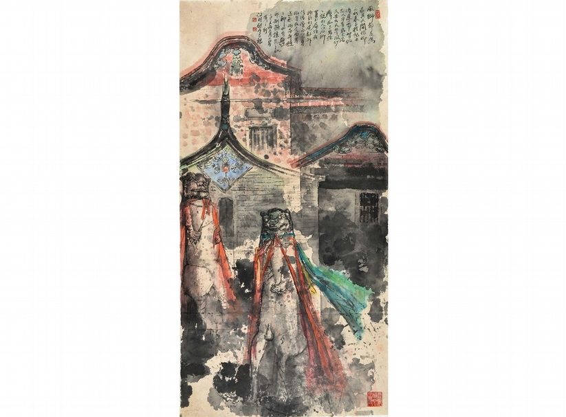 江明賢2015年作〈風獅爺與民房〉,137x68.5公分。圖╱國立歷史博物館提供。