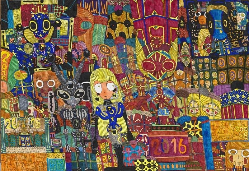 黃啟禎│超能神酷局未來少女榜，79x54.5cm，針筆、麥克筆、紙本，2016（圖／光之藝廊提供）