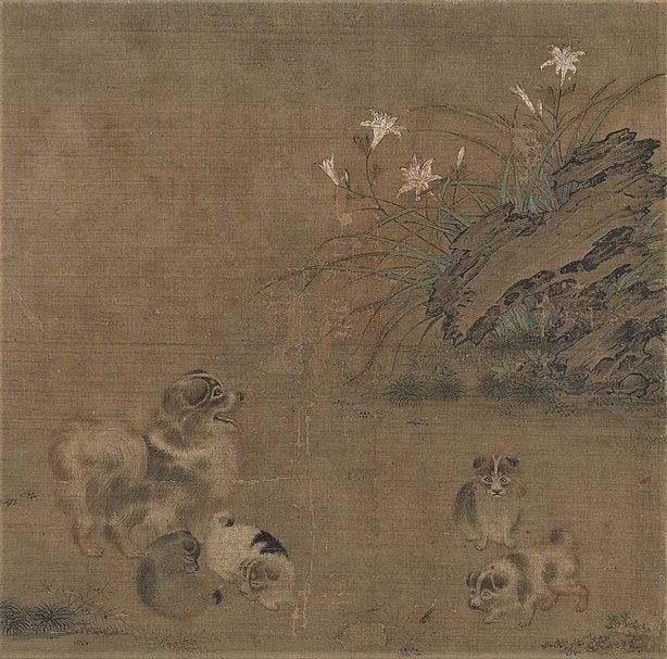 圖2 中國南宋（傳）毛益〈蜀葵遊貓圖．萱草遊狗圖〉之〈萱草遊狗圖〉，日本重要文化財，絹本設色，日本大和文華館藏。圖︱日本大和文華館
