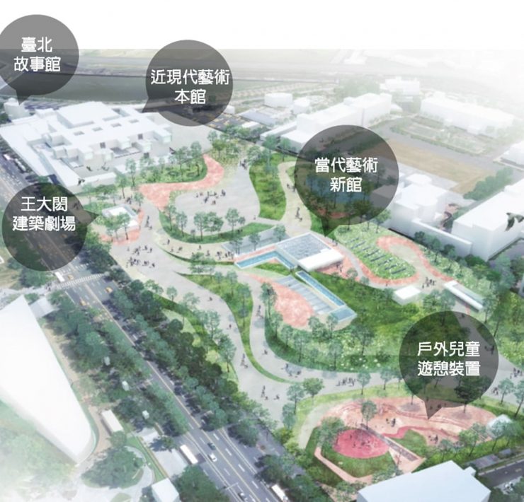 北美館本館與新建館舍及周邊相對位置，模擬示意圖。（臺北市立美術館提供）