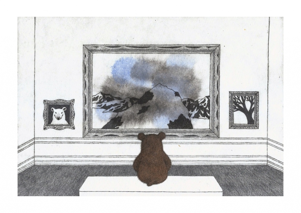 官孟玄．小旅行(2019)．壓克力凹版直刻版畫/拼貼/壓克力顏料/鉛筆．虛構類（作品入選2020波隆那插畫展）