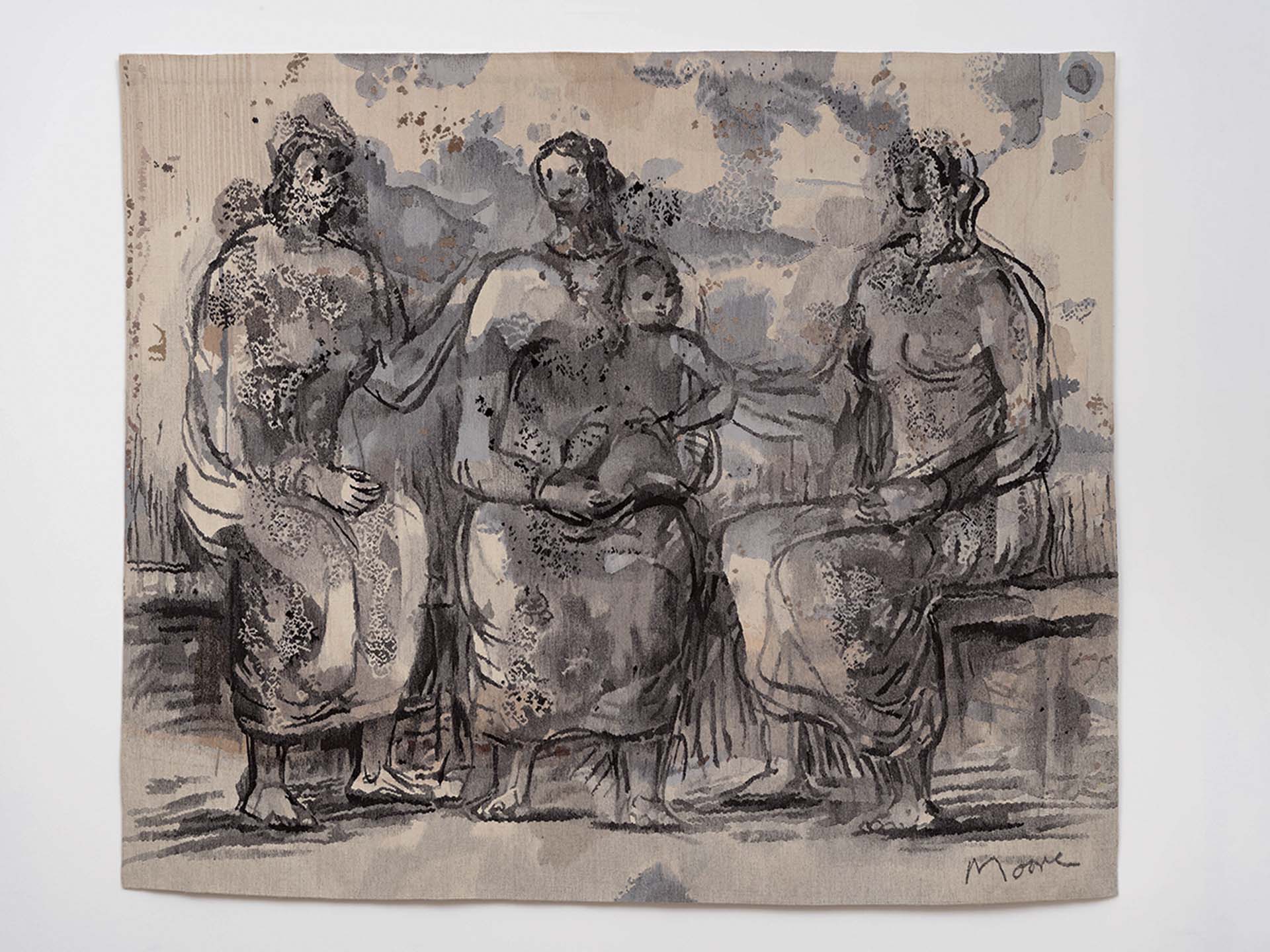 亨利．摩爾，《三個坐著的女人與一個小孩》（Three Seated Women with One Child），編製掛毯，212×250.5cm，1978。（攝影／Damian Griffiths，© The Henry Moore Fou…