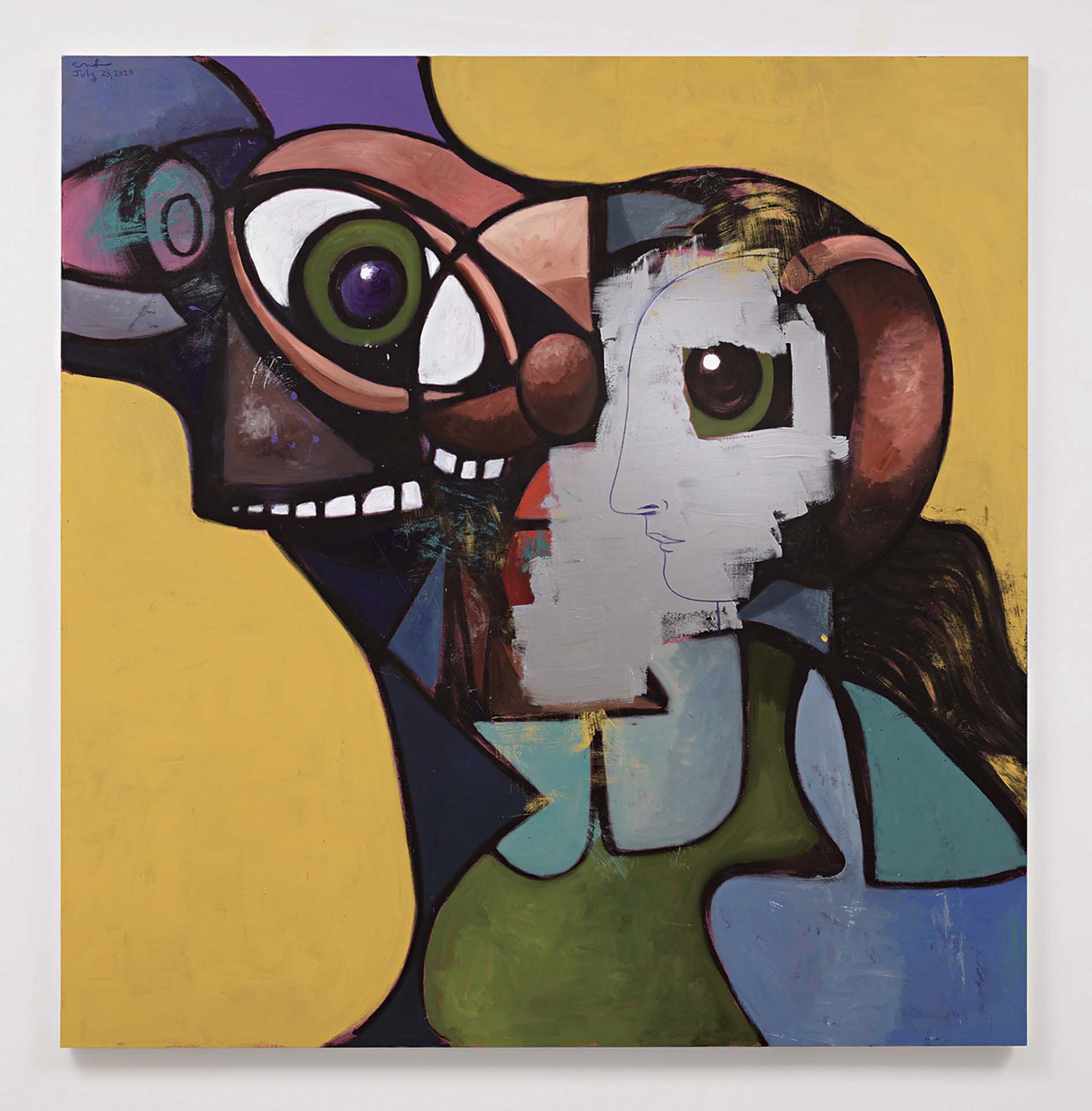 喬治．康多，《Father and Daughter with Face Mask》，壓克力、金屬漆、蠟筆、麻布，208.3×203.2cm，2020。（攝影／Thomas Barratt，© George Condo，豪瑟沃斯畫廊提供）