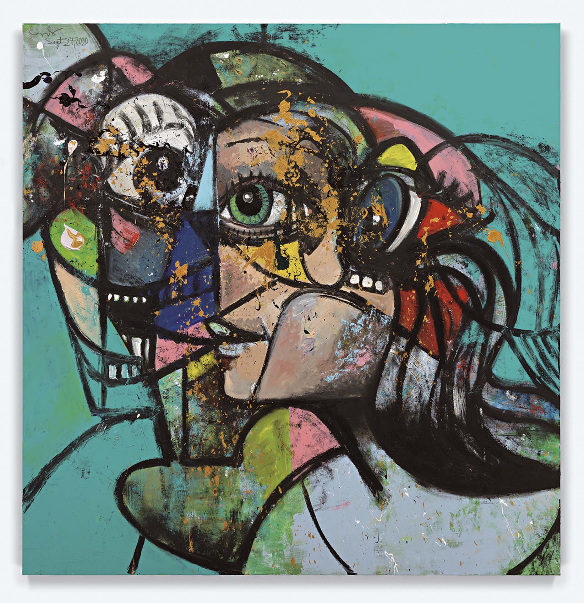 喬治．康多，《Up Against the Wall》，壓克力、金屬漆、麻布，208.3×203.2cm，2021。（攝影／Genevieve Hanson ，© George Condo，豪瑟沃斯畫廊提供）