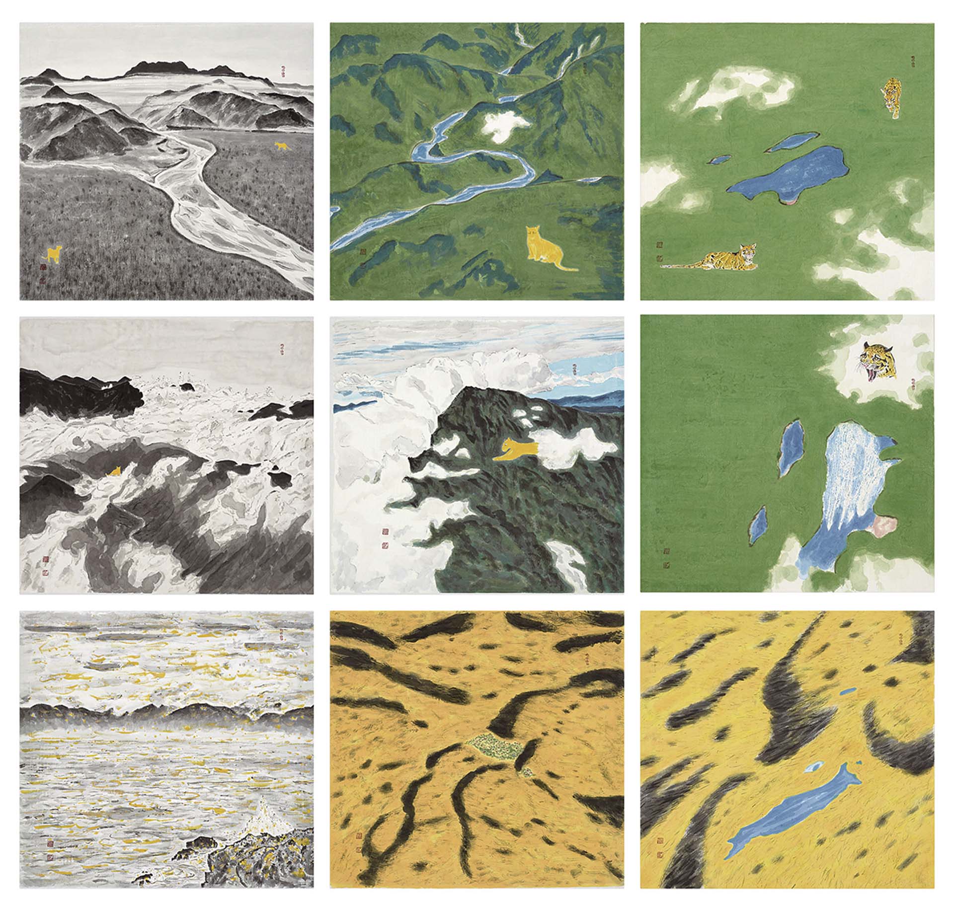 李賢文，《臺灣雲豹三部曲》，宣紙、彩墨，76×76cm×9，2020。（雄獅美術提供）