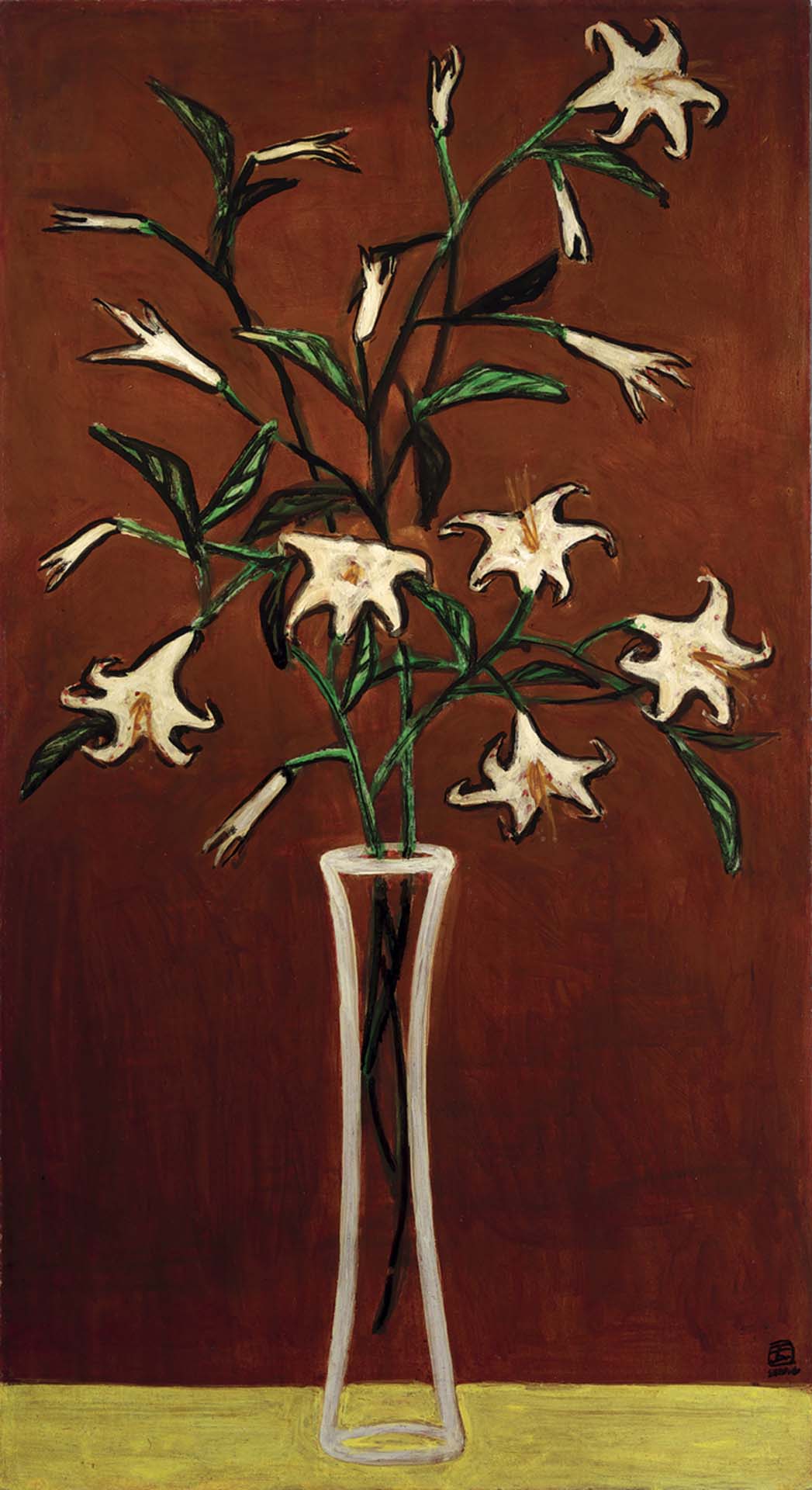 常玉，《紅色背景的百合花》，油彩、纖維板，91×50 cm，1940年代作，預估價HKD 100,000,000 – 150,000,000。（佳士得香港提供）